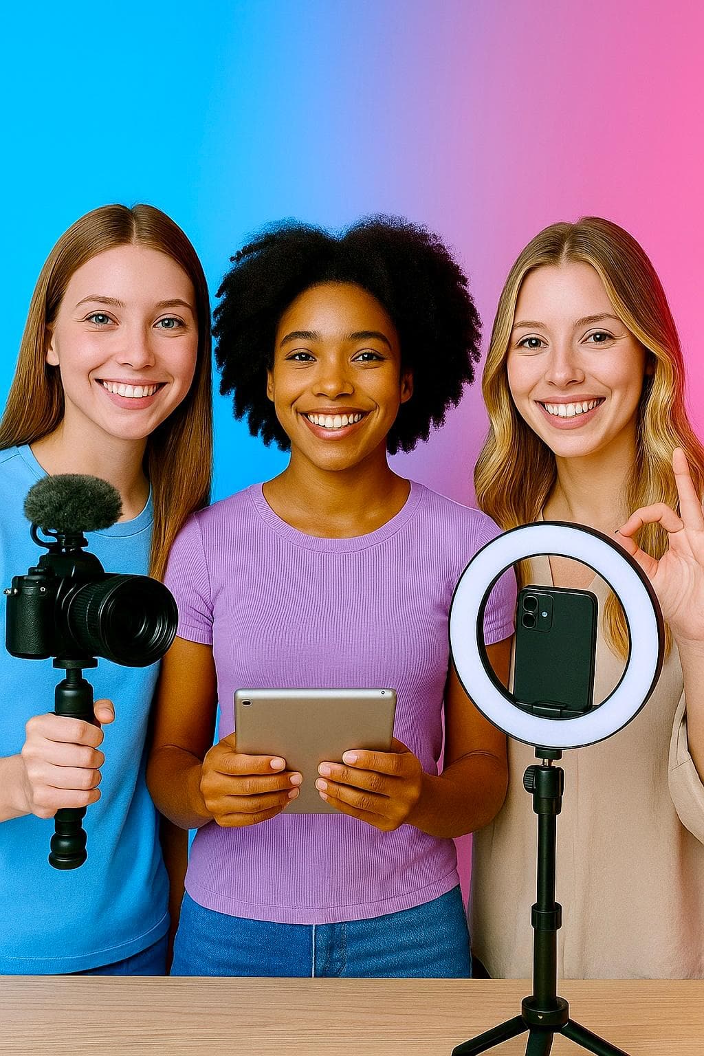 Créatrices de contenu Illico1 — caméra, tablette, ring light